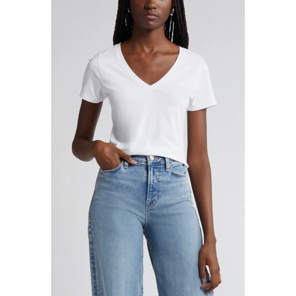 Nordstrom Womens White V-Neck Short Sleeve Pima Cotton Modal T-Shirt Size S NWT